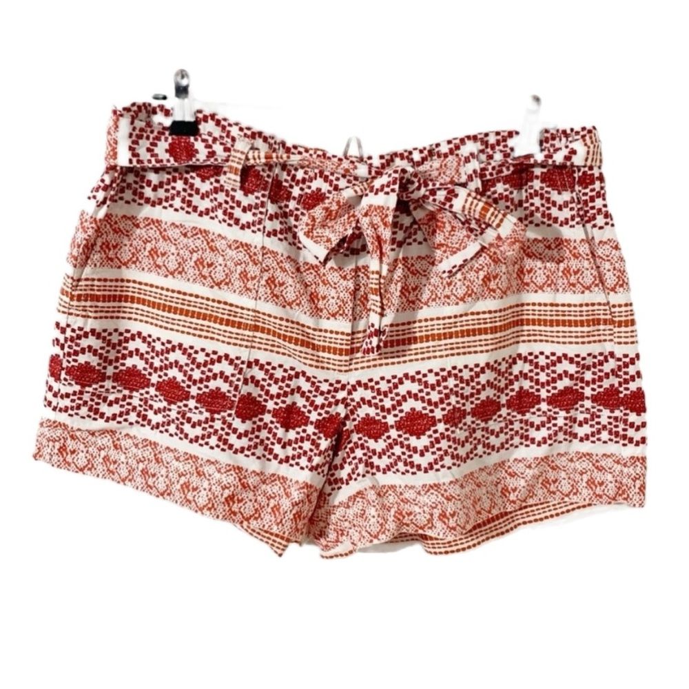 Ann Taylor LOFT Linen Cotton Blend Fiesta Print Paperbag Shorts Self Tie Belt